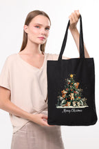 Siyah Kanvas Çam Ağacı Ve Şapkalı Kediler Baskılı Çanta