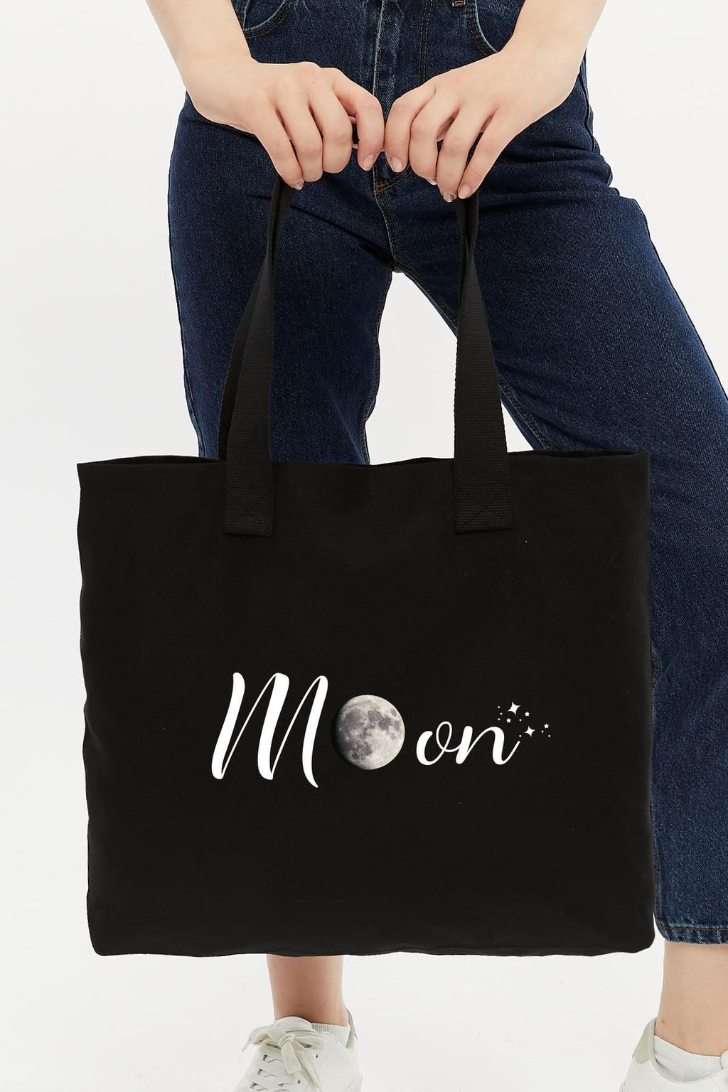 Siyah Kolon Saplı Moon Baskılı Kanvas Yatay Çanta