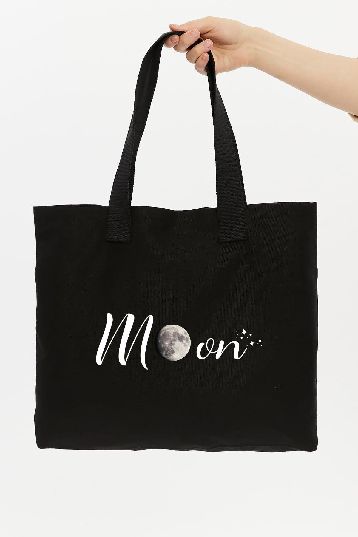 Siyah Kolon Saplı Moon Baskılı Kanvas Yatay Çanta