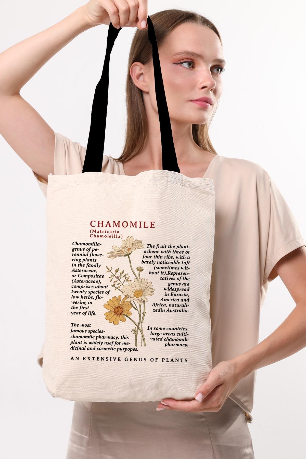 Siyah Kulplu Krem Kanvas Chamomile Baskılı Bez Çanta