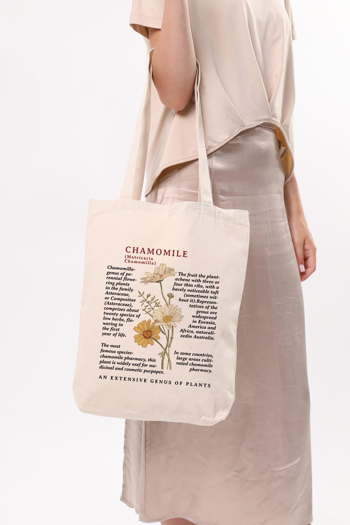 Siyah Kulplu Krem Kanvas Chamomile Baskılı Bez Çanta