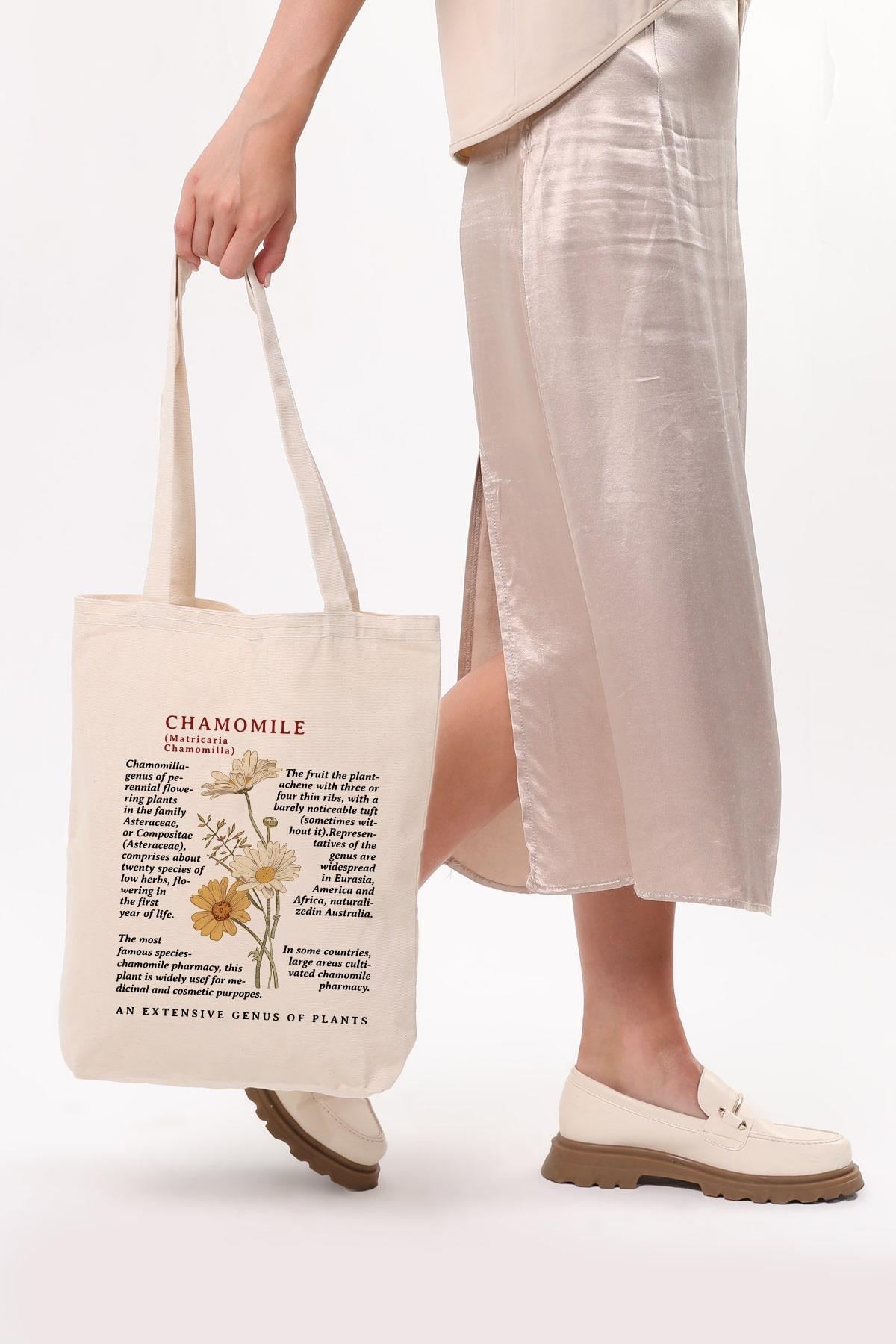 Siyah Kulplu Krem Kanvas Chamomile Baskılı Bez Çanta