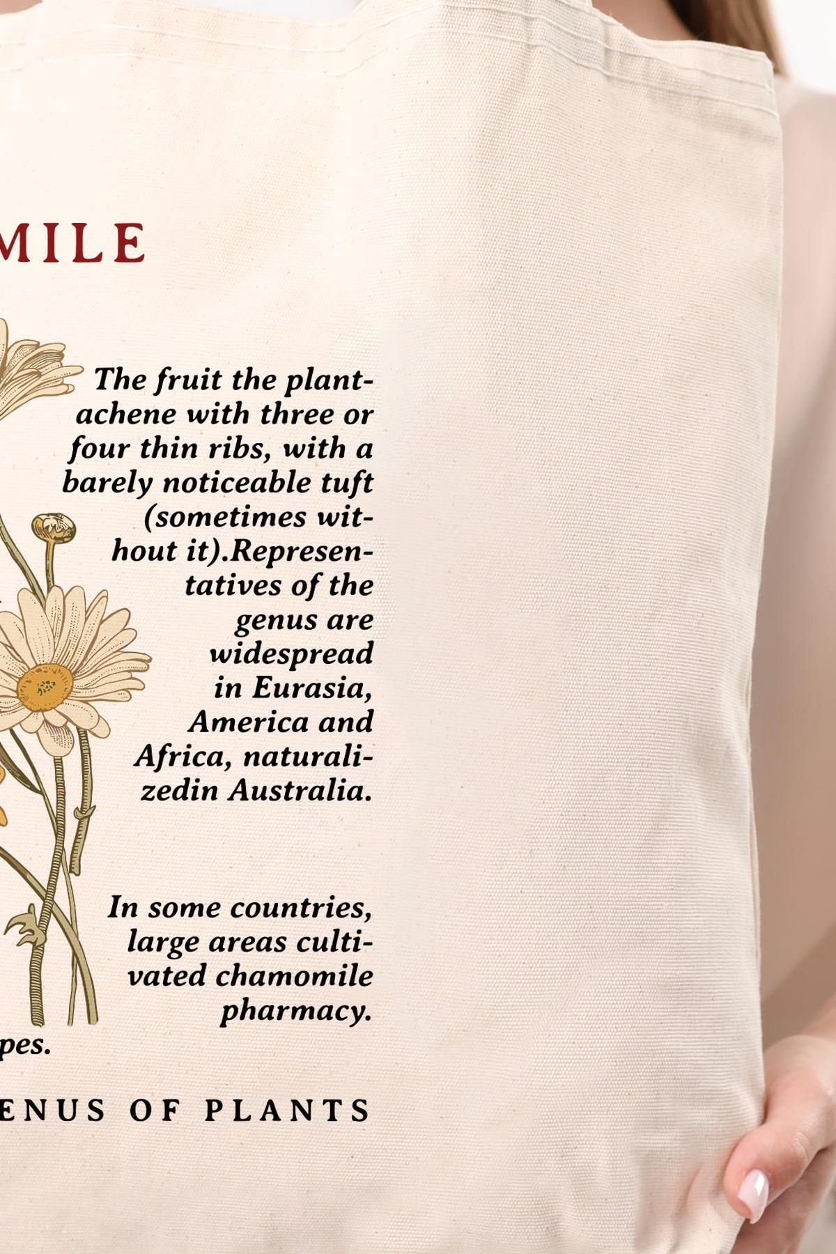 Siyah Kulplu Krem Kanvas Chamomile Baskılı Bez Çanta