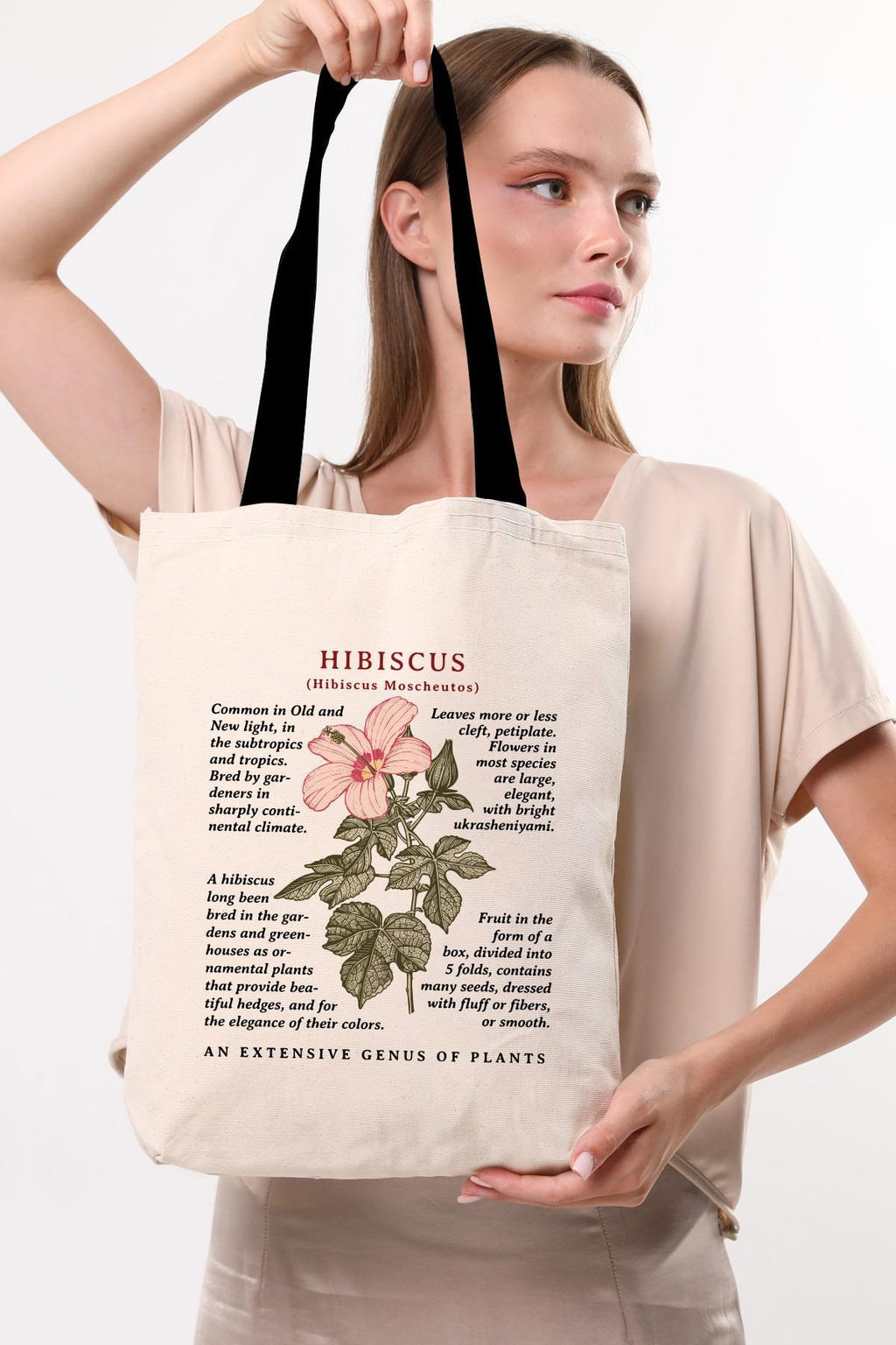 Siyah Kulplu Krem Kanvas Hibiscus Baskılı Bez Çanta