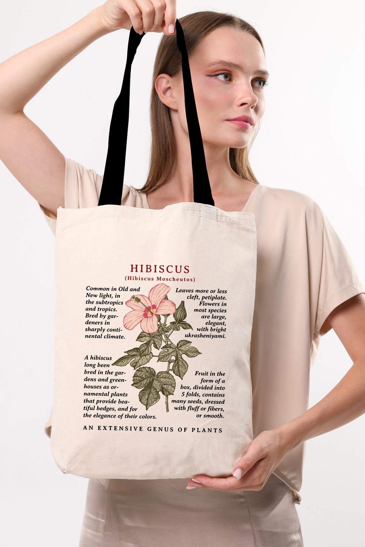Siyah Kulplu Krem Kanvas Hibiscus Baskılı Bez Çanta