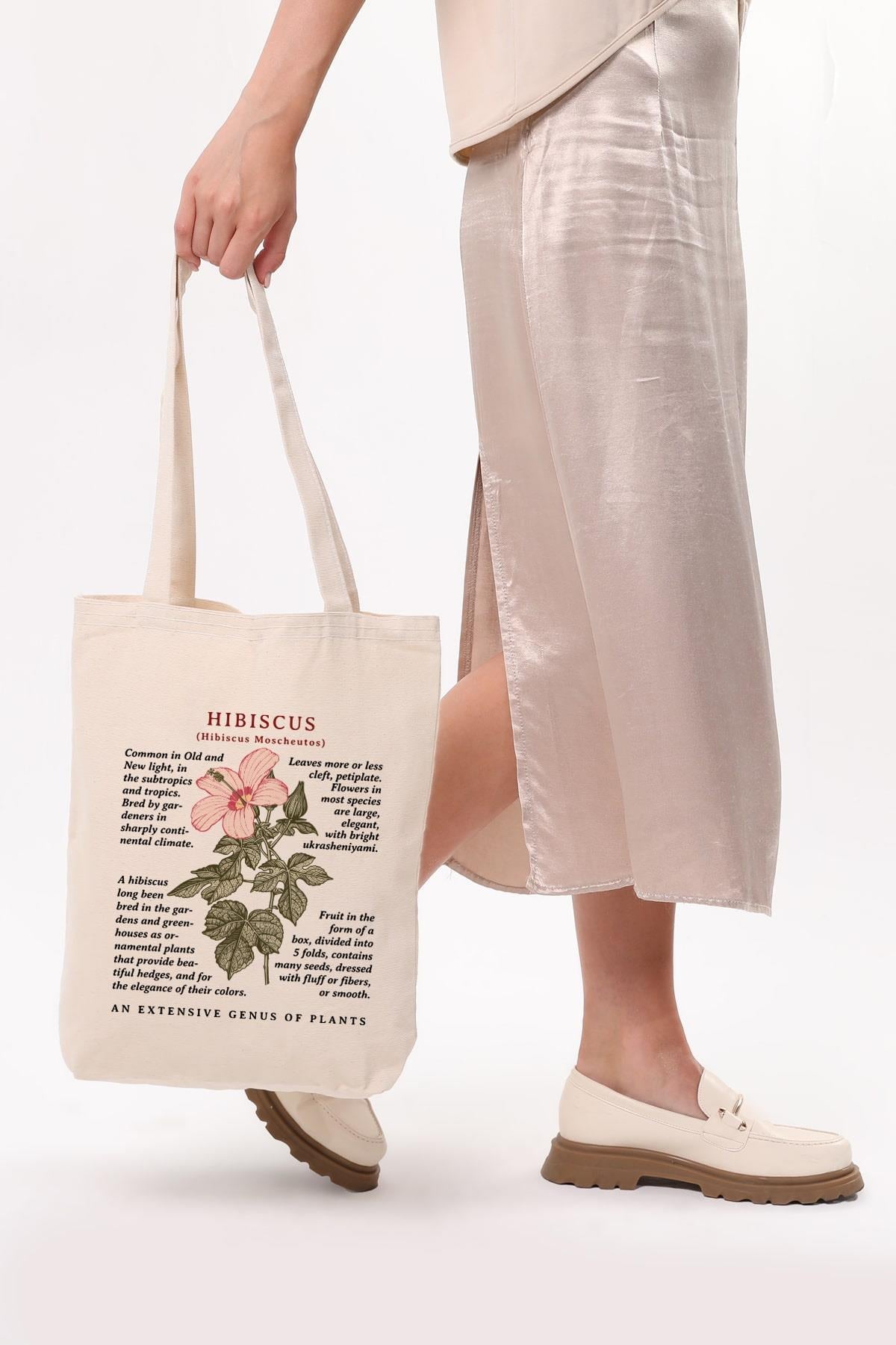 Siyah Kulplu Krem Kanvas Hibiscus Baskılı Bez Çanta