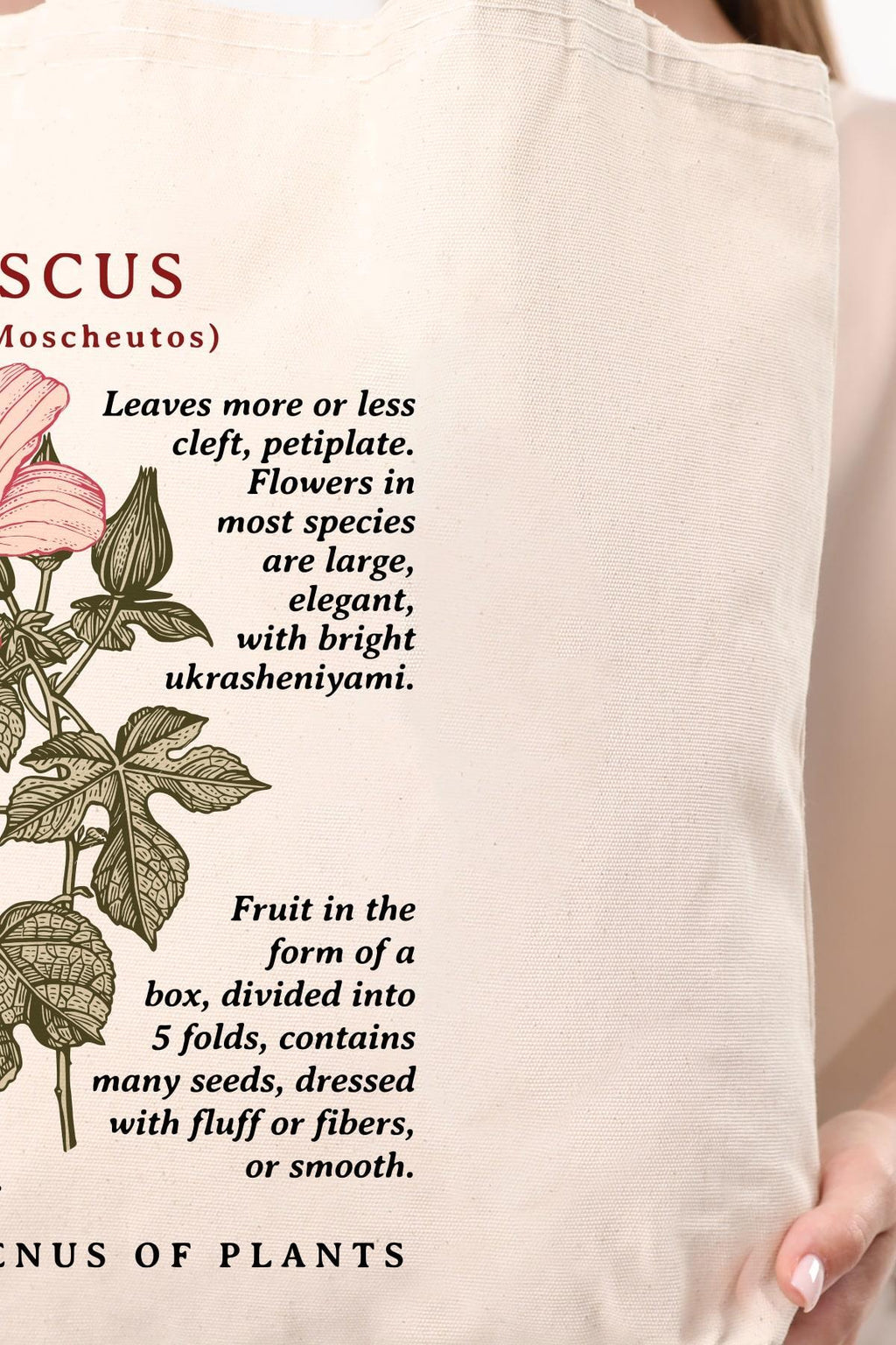 Siyah Kulplu Krem Kanvas Hibiscus Baskılı Bez Çanta