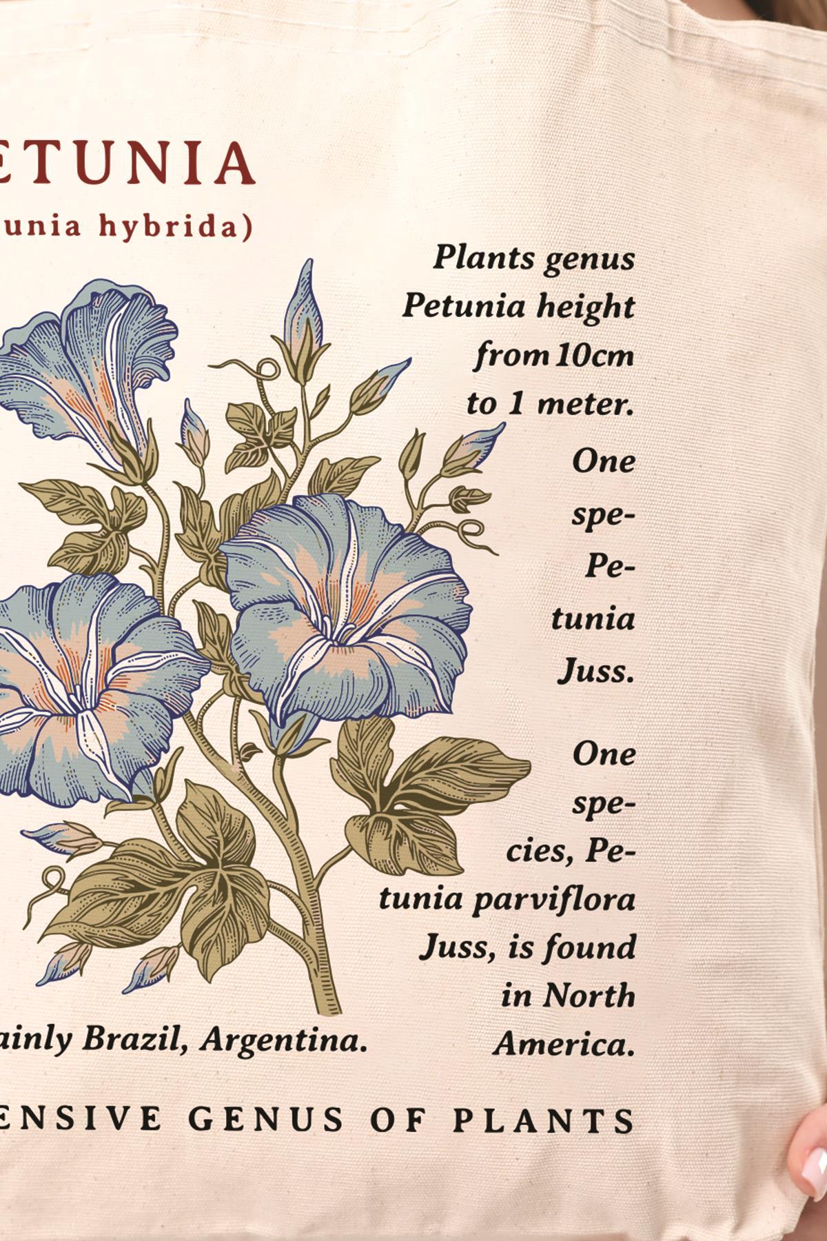 Siyah Kulplu Krem Kanvas Petunia Baskılı Bez Çanta