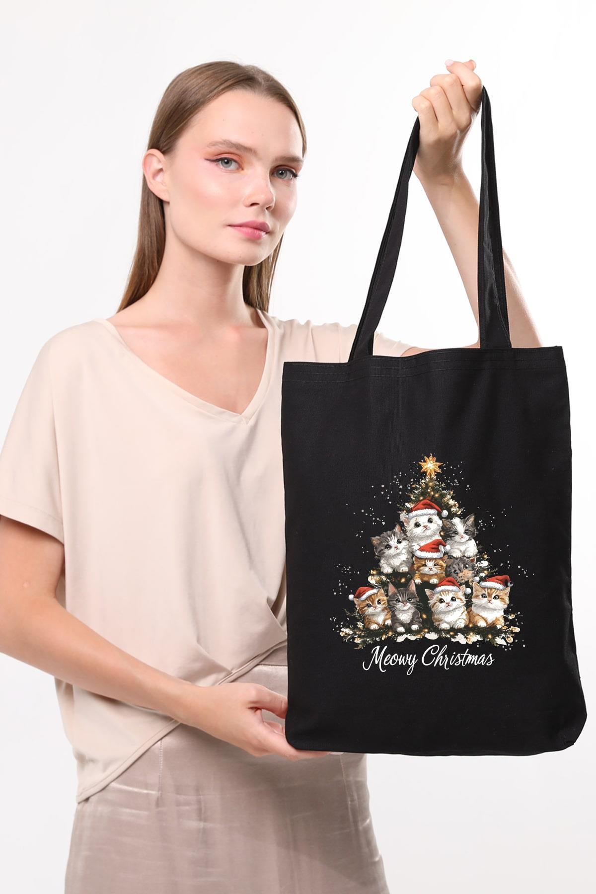 Siyah Kanvas Yeni Yıl Ve Şapkalı Kediler Baskılı Çanta