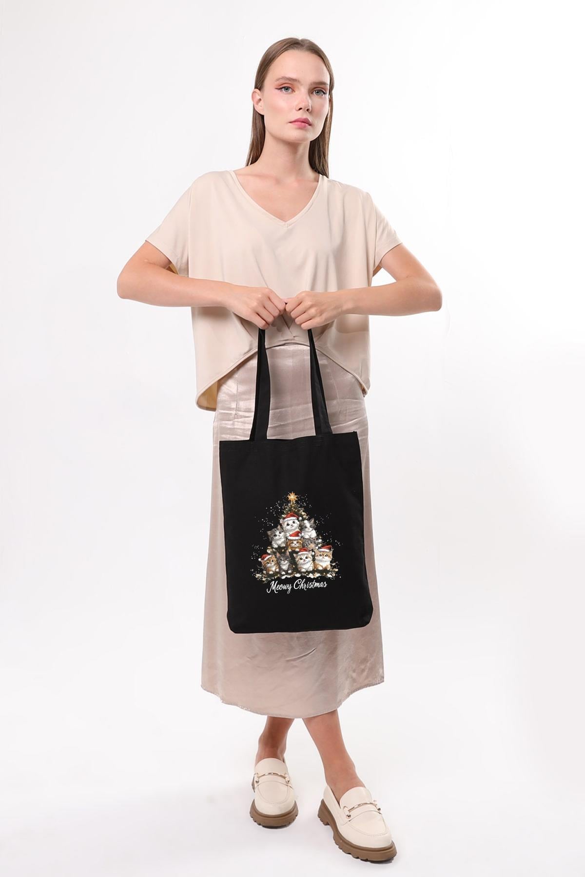 Siyah Kanvas Yeni Yıl Ve Şapkalı Kediler Baskılı Çanta