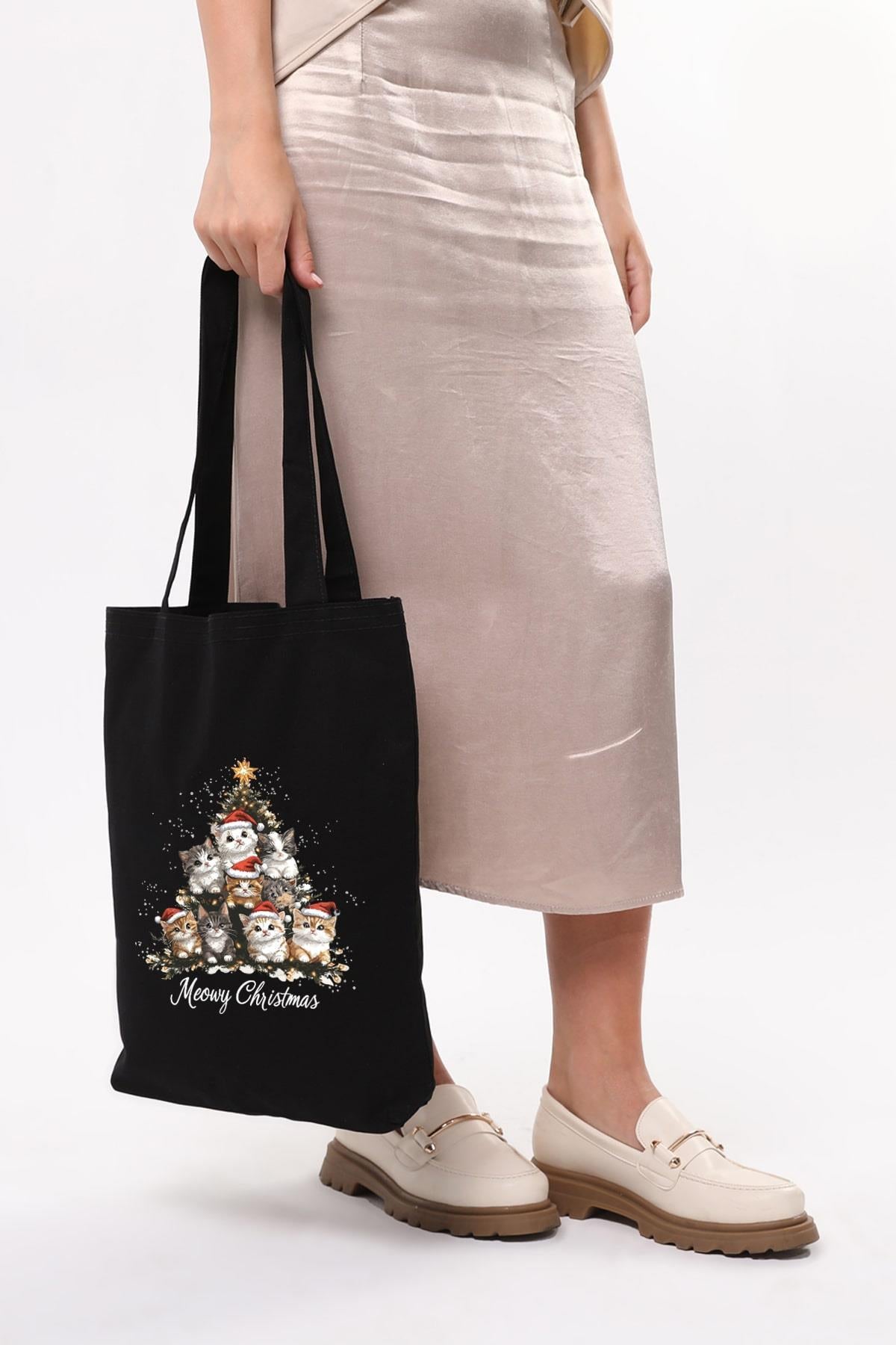 Siyah Kanvas Yeni Yıl Ve Şapkalı Kediler Baskılı Çanta