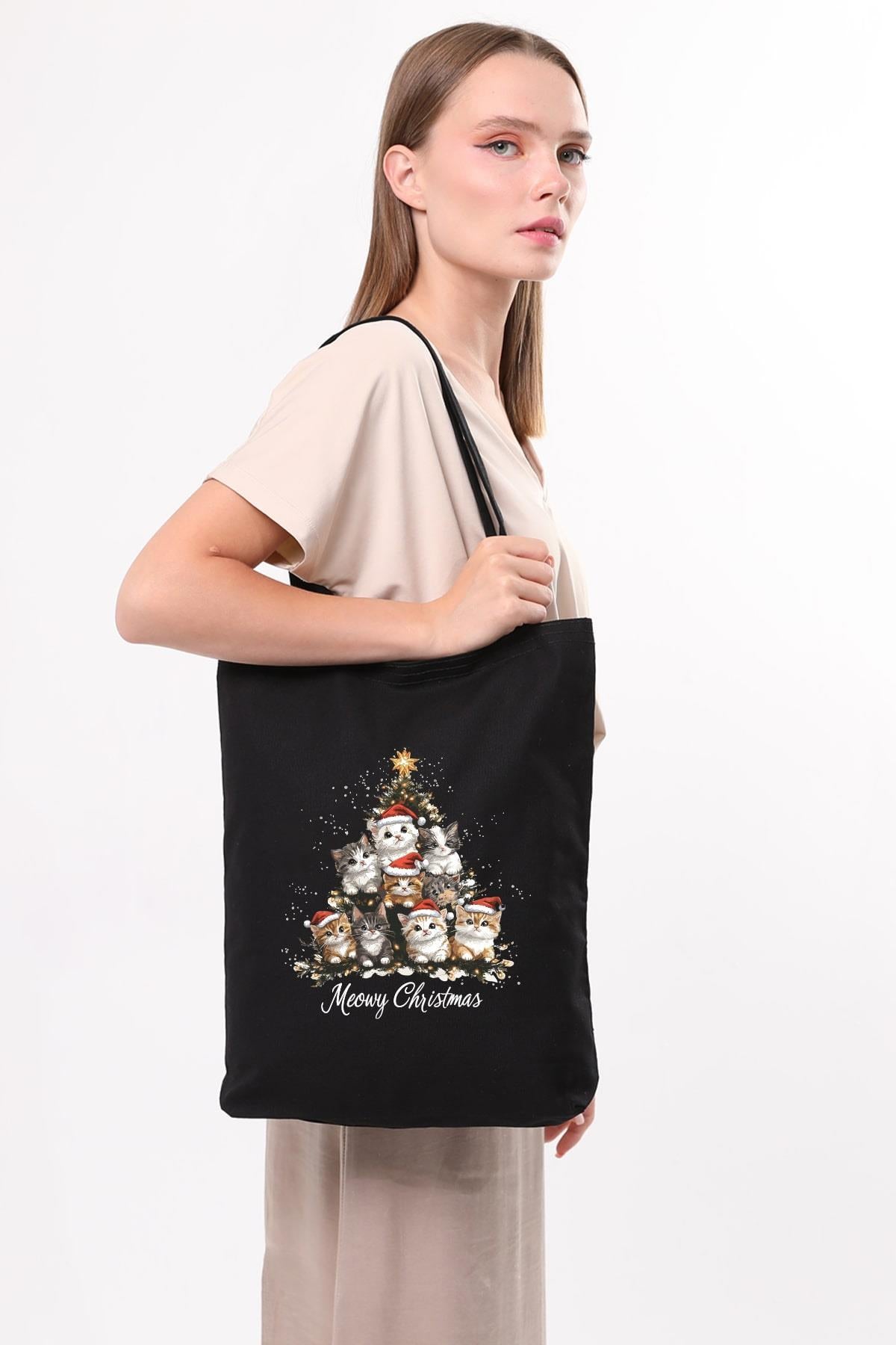 Siyah Kanvas Yeni Yıl Ve Şapkalı Kediler Baskılı Çanta