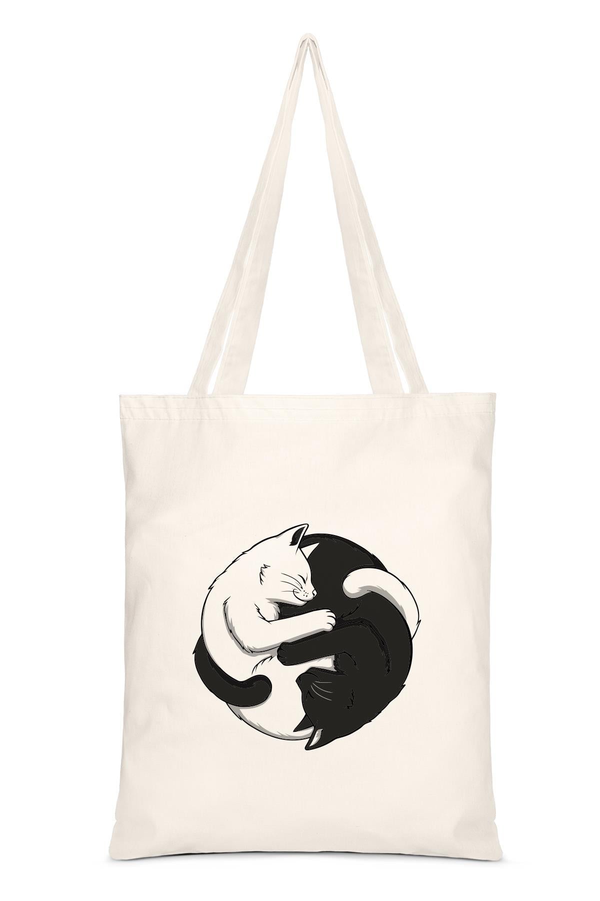 Ying Yang Kediler Baskılı Bez Çanta