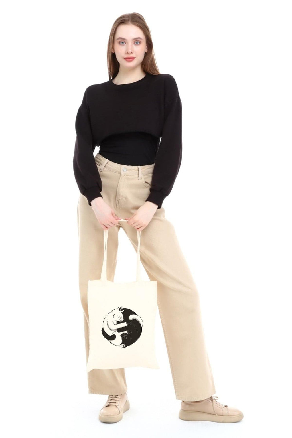 Ying Yang Kediler Baskılı Bez Çanta
