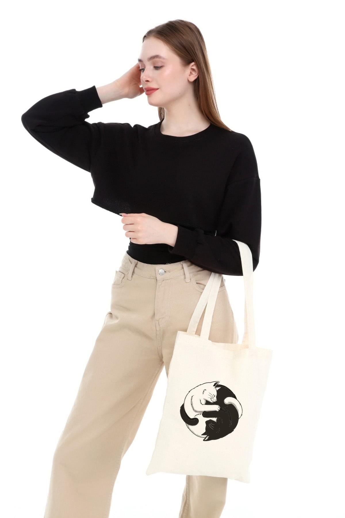 Ying Yang Kediler Baskılı Bez Çanta