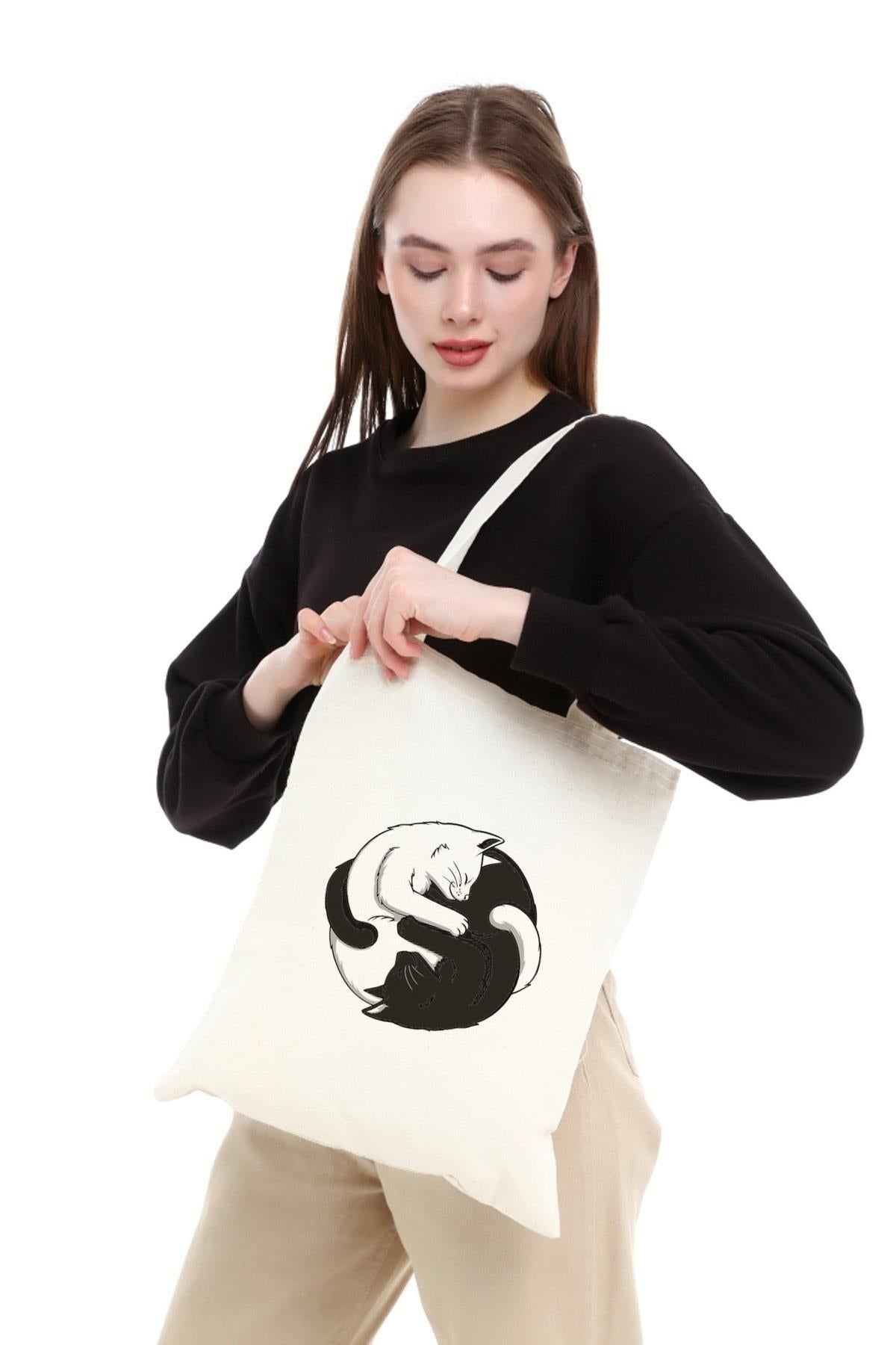 Ying Yang Kediler Baskılı Bez Çanta