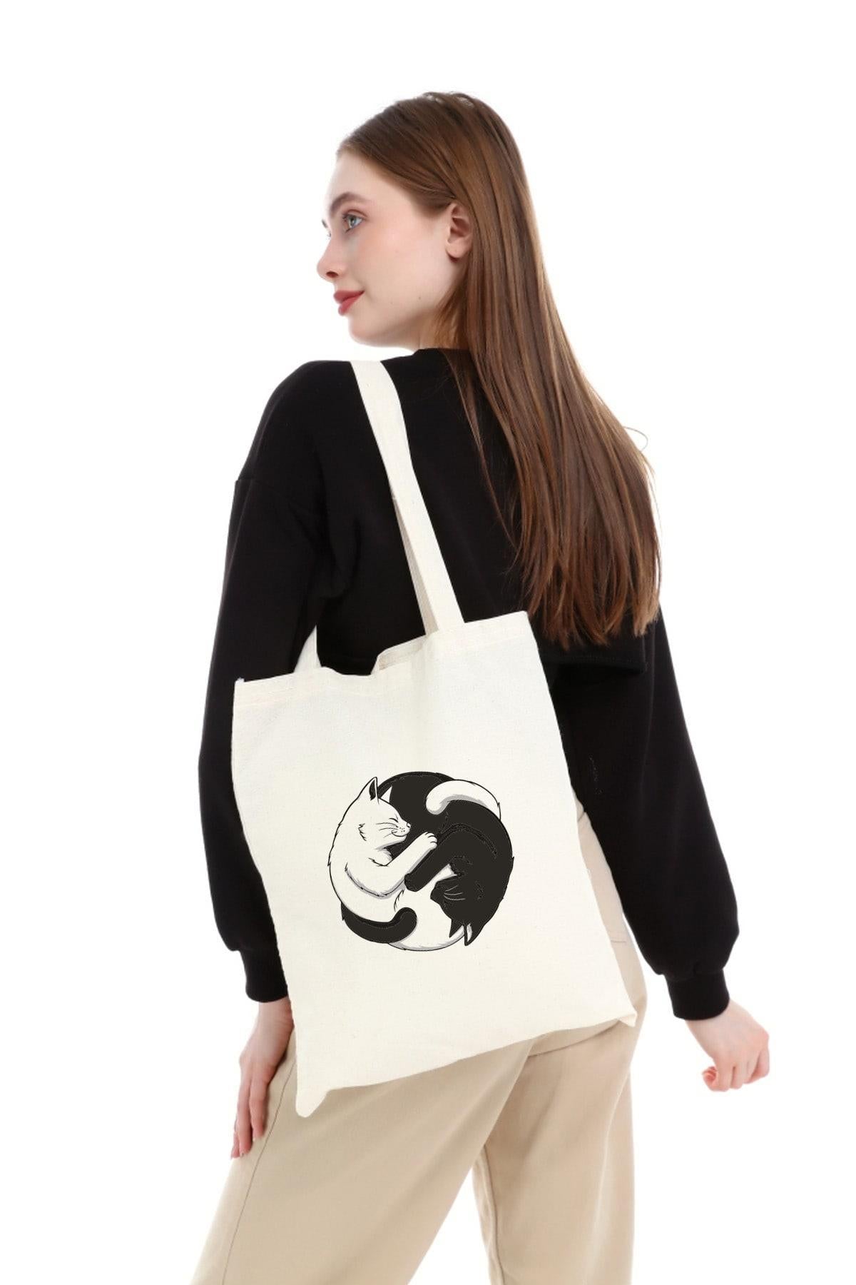 Ying Yang Kediler Baskılı Bez Çanta