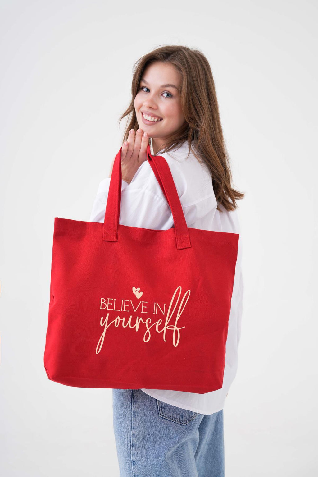 Yourself Baskılı KIRMIZI Yatay Kanvas Çanta