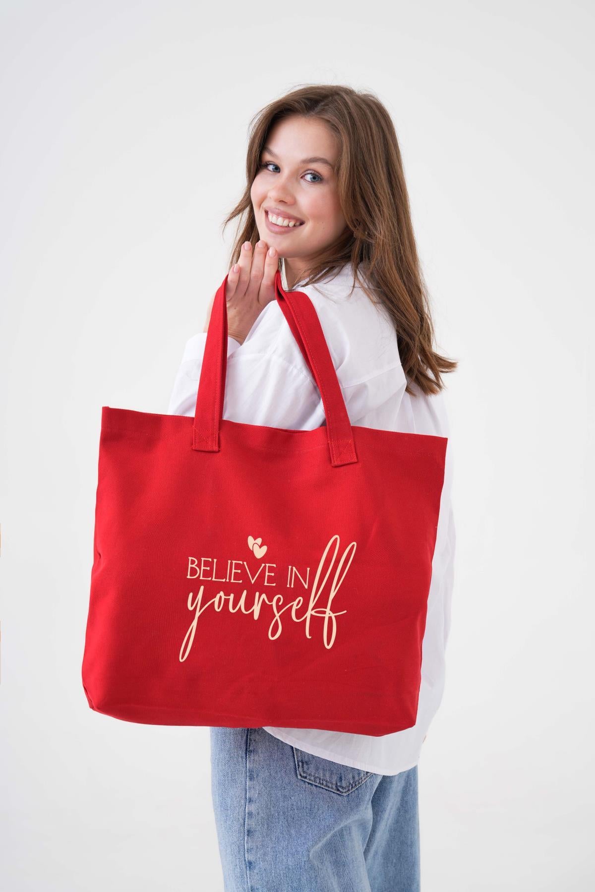 Yourself Baskılı KIRMIZI Yatay Kanvas Çanta